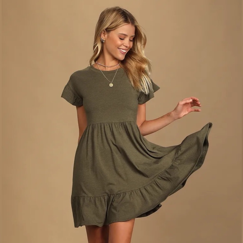NWOT Lulus Sweetest Style Olive Green Tiered Babydoll Dress